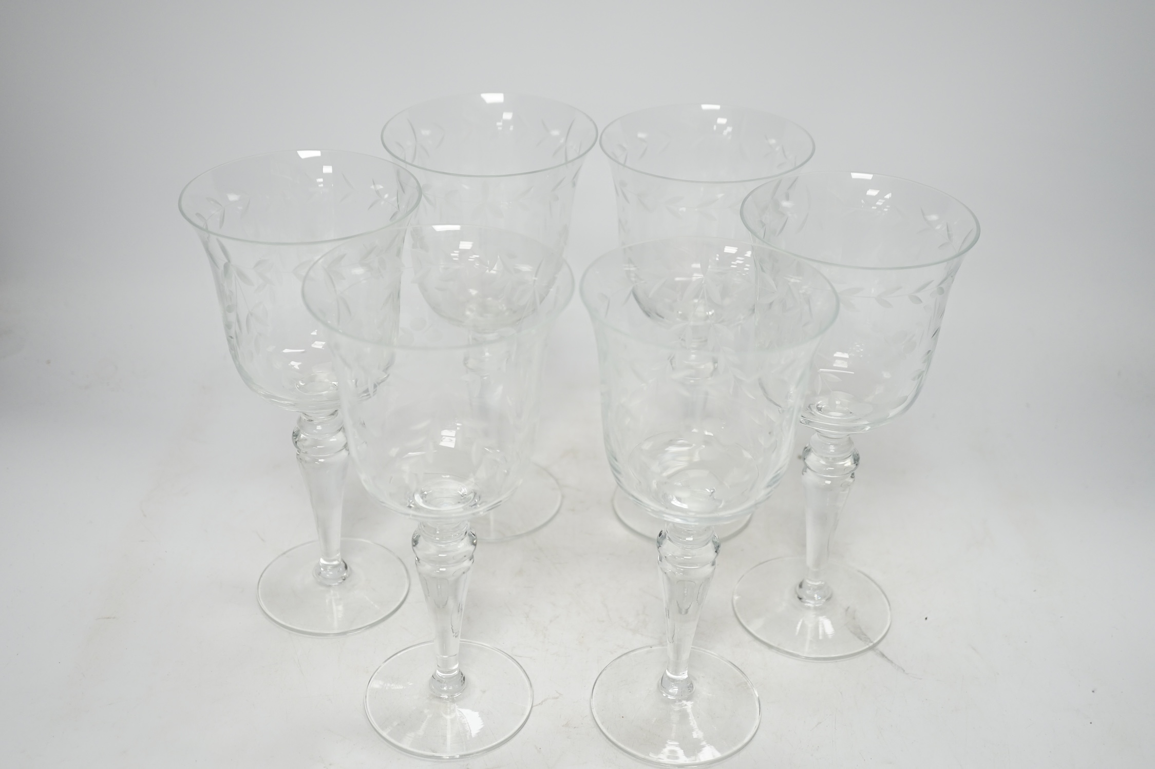 A set of six etched wine glasses, 20.5cm. Condition - good